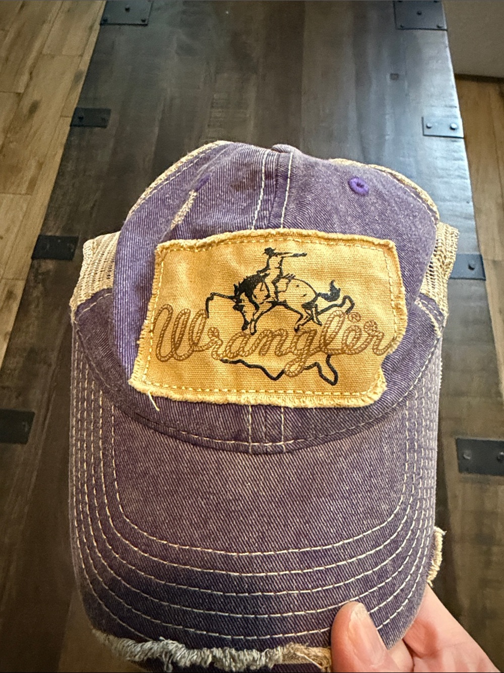 Wrangler purple and tan distressed trucker hat